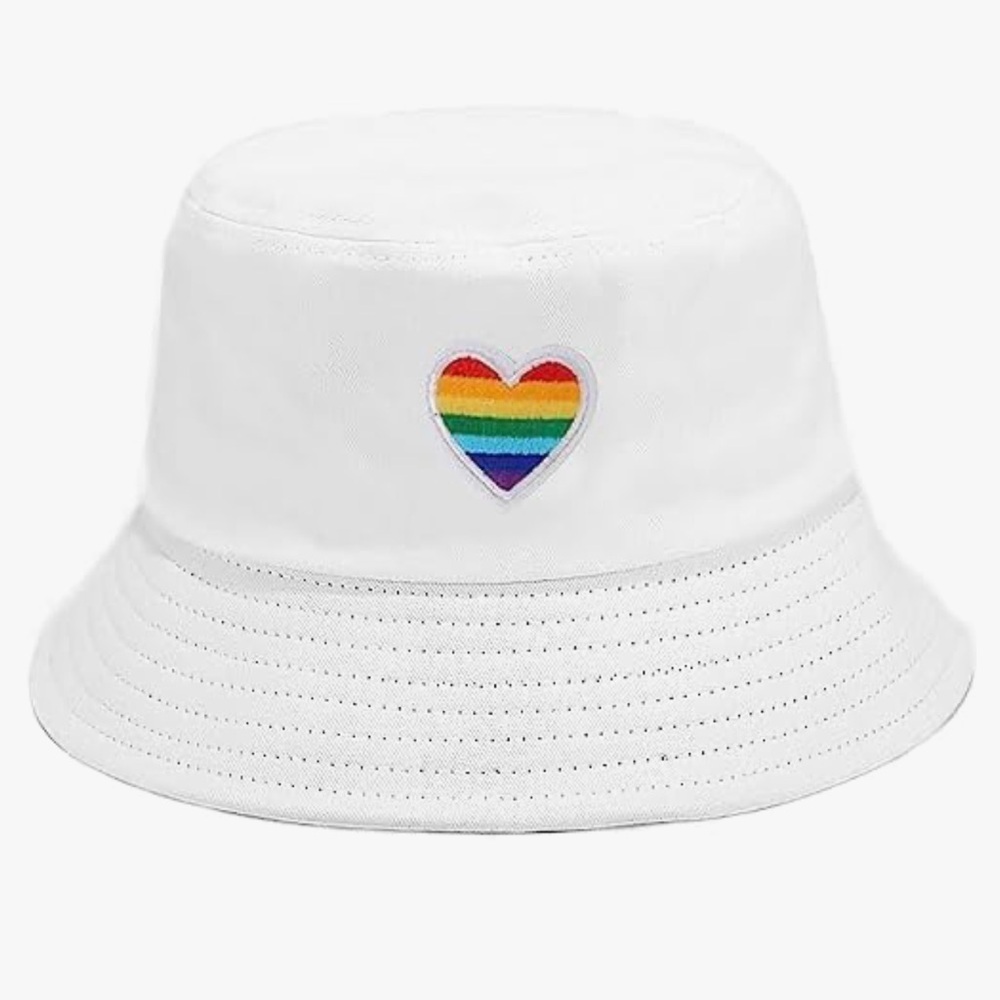 Abg White Rainbow Pride Heart Bucket Hat Embroidered Cotton Beach Sun Cap NWT
